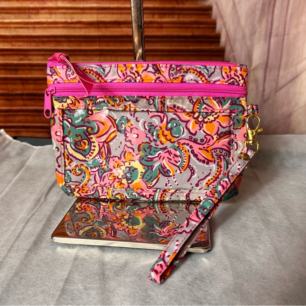 Simply Southern Floral Pink Wristlet Clutch, Front Zip Clear Window, Lined
